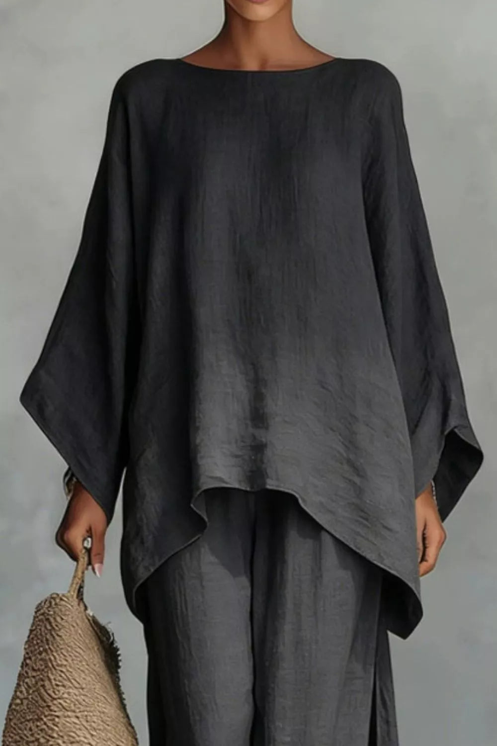 Solid Color Long Sleeve Top and Wide Leg Pants Set