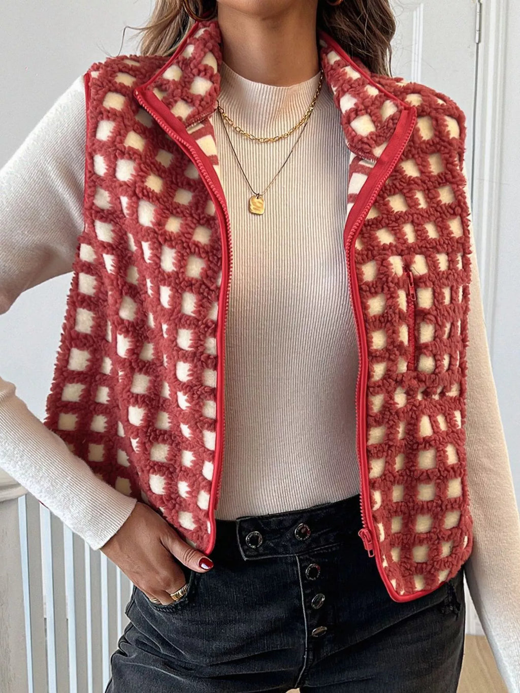 Plaid Zip Up Vest Coat