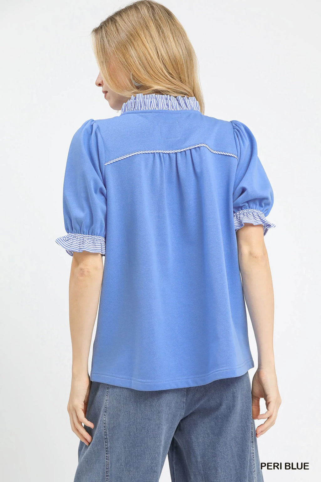 Umgee French Terry Ruffle Trim Puff Sleeve Top