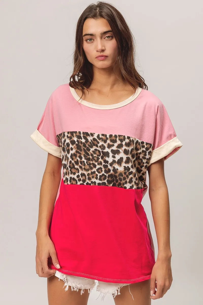 BiBi Leopard Printed Jersey  Color Block Roll Up