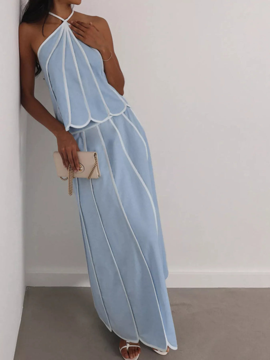 Halter Neck Scalloped Hem Top and Skirt Set