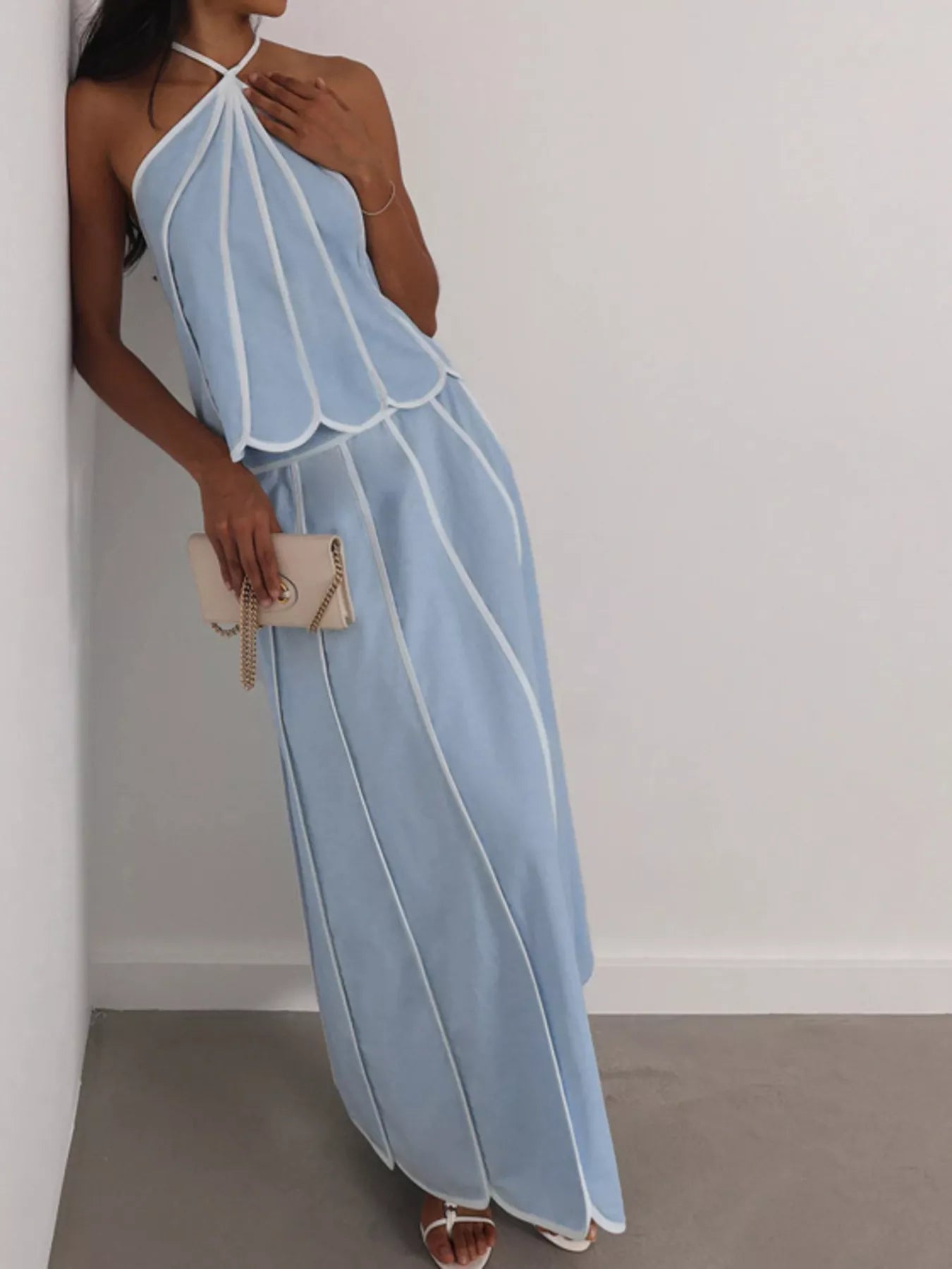 Halter Neck Scalloped Hem Top and Skirt Set