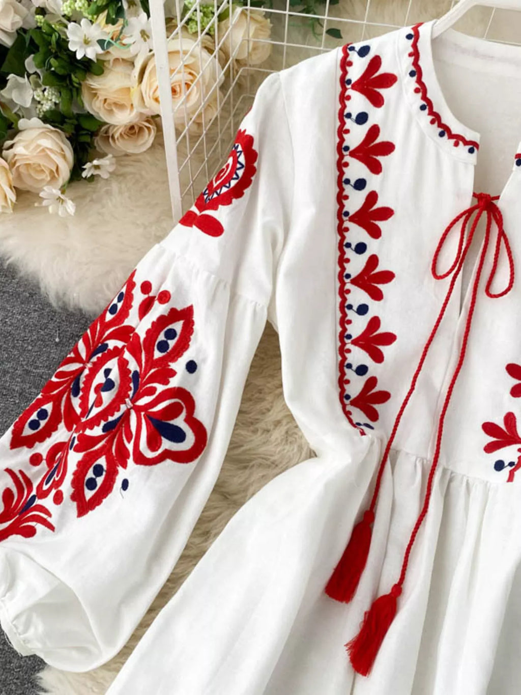 Embroidered Tie Neck Long Sleeve Dress