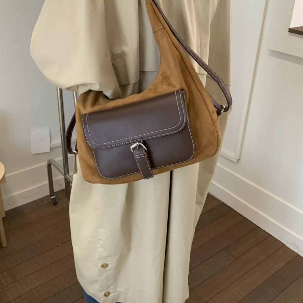 Suede Leather Convertible Backpack Bag with Front Pocket