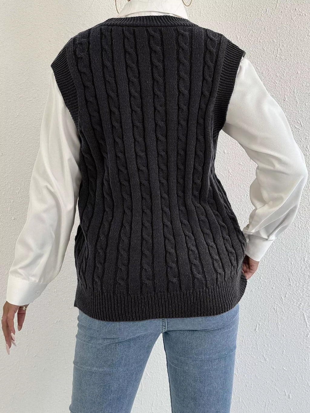 Cable-Knit Button-Up Sweater Vest