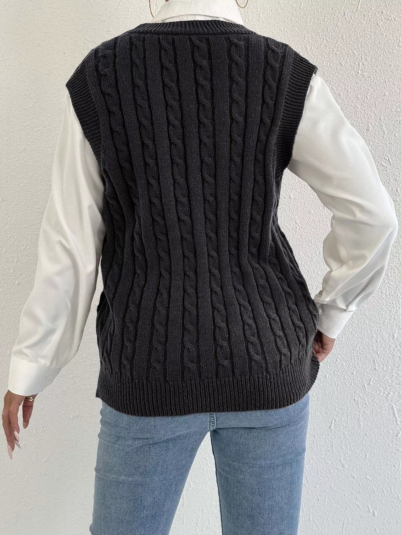 Cable-Knit Button-Up Sweater Vest