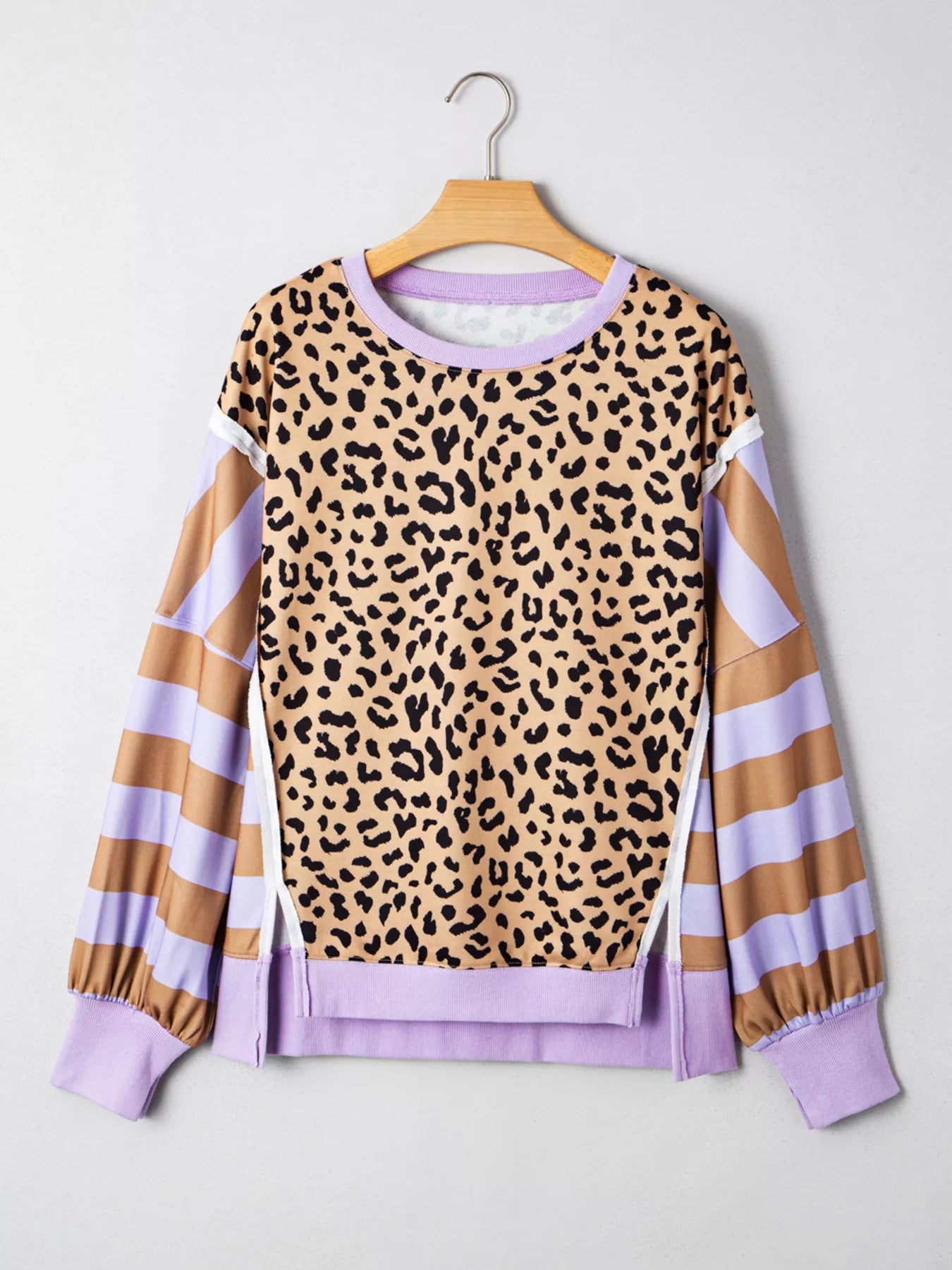 Stripe Color Block Patchwork Leopard Casual Sweatshirt with Slits