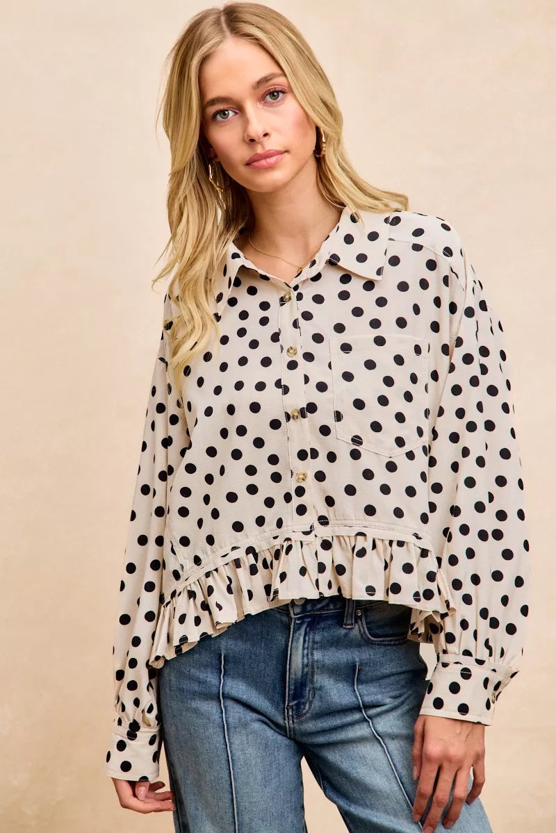 BiBi Crinkle Polka Dot Ruffled Hem Button Up Shirt Top