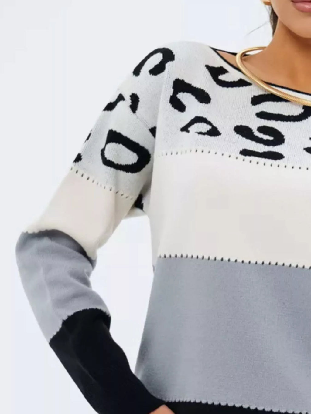 Full Size Leopard Color Block Long Sleeve Sweater Plus Size