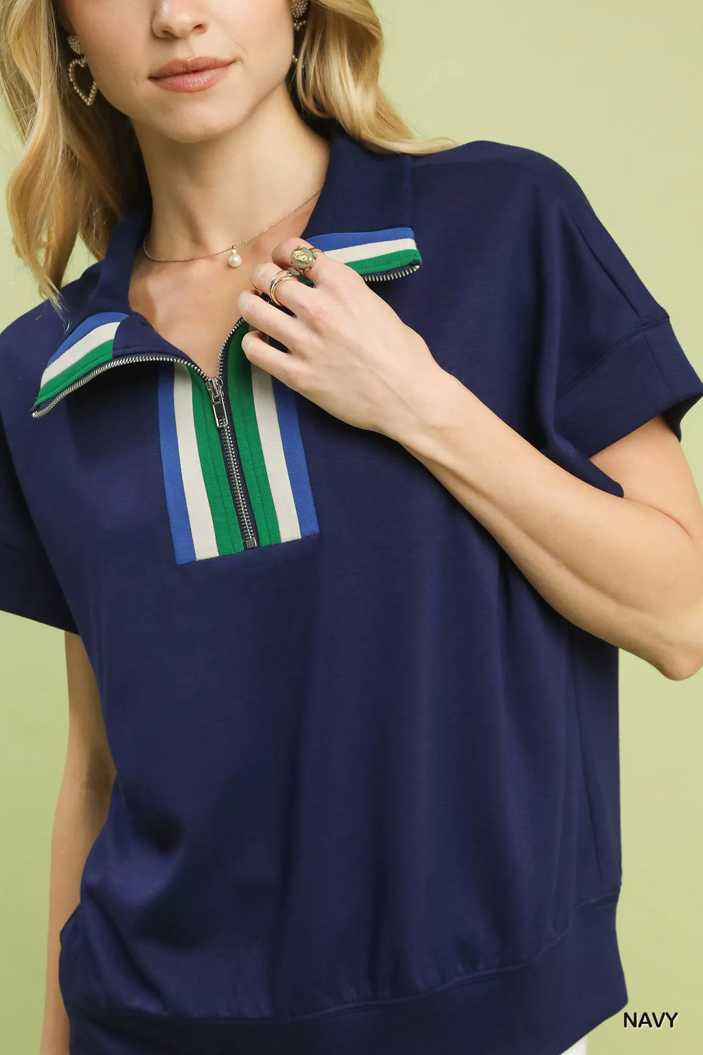 Umgee Striped Collared Neck Half-Zip Top