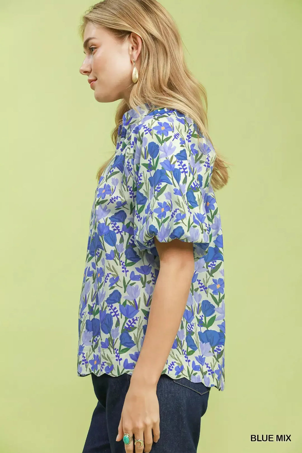 Umgee Floral Puff Sleeve Blouse with Scalloped Details