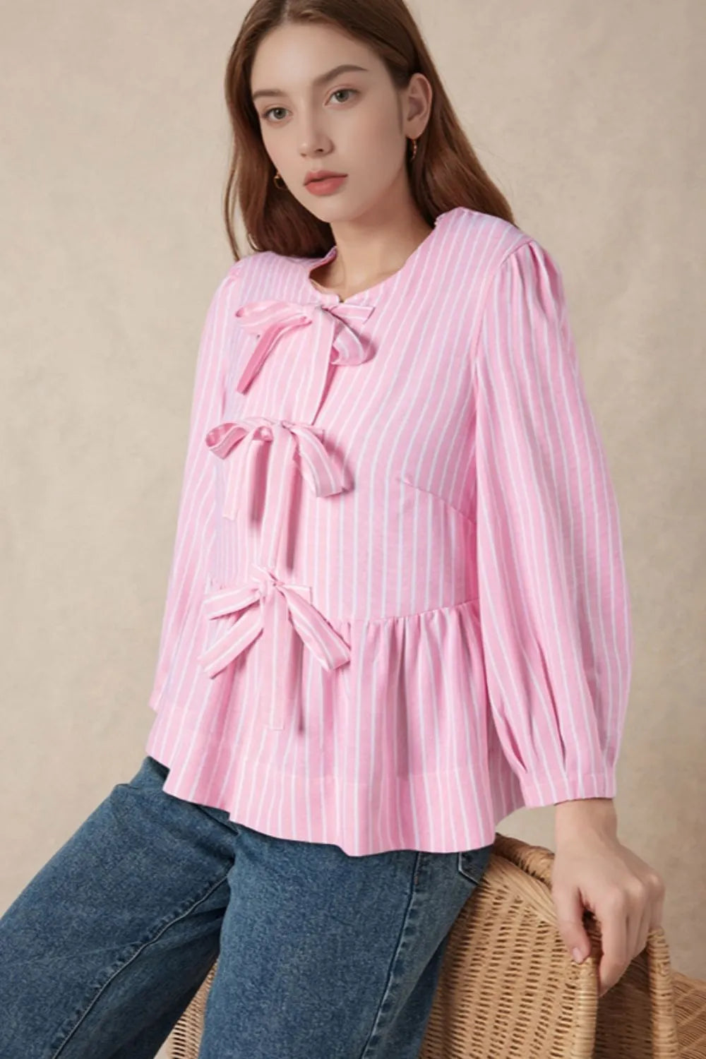 Tie Front Striped Peplum Blouse