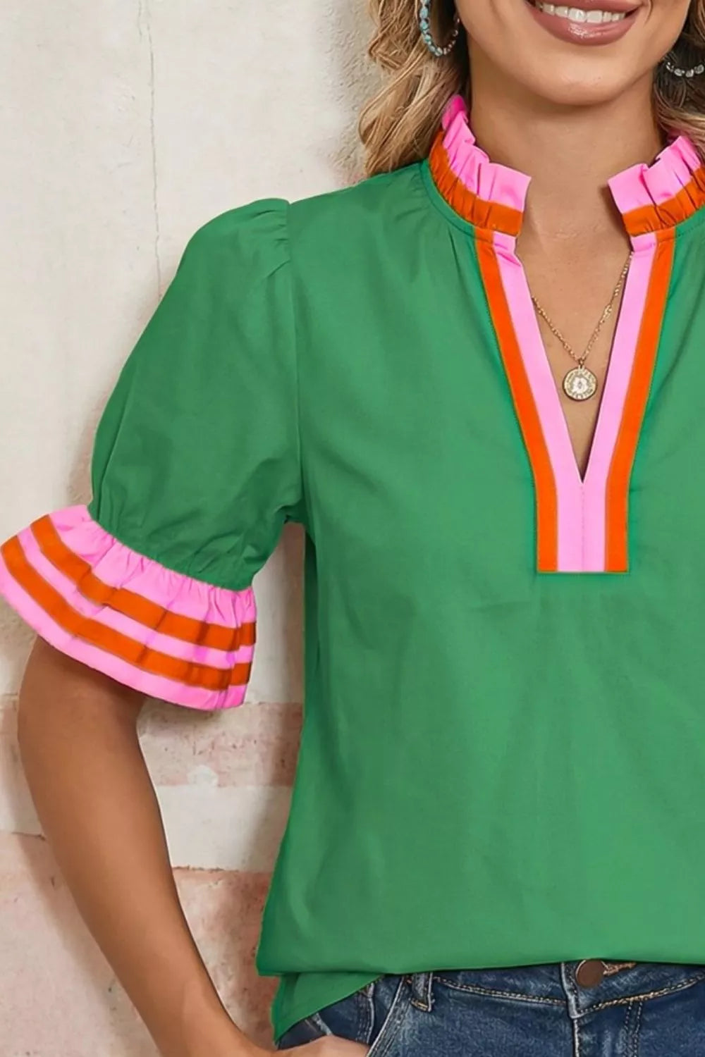 Ruffle Trim Notched Blouse