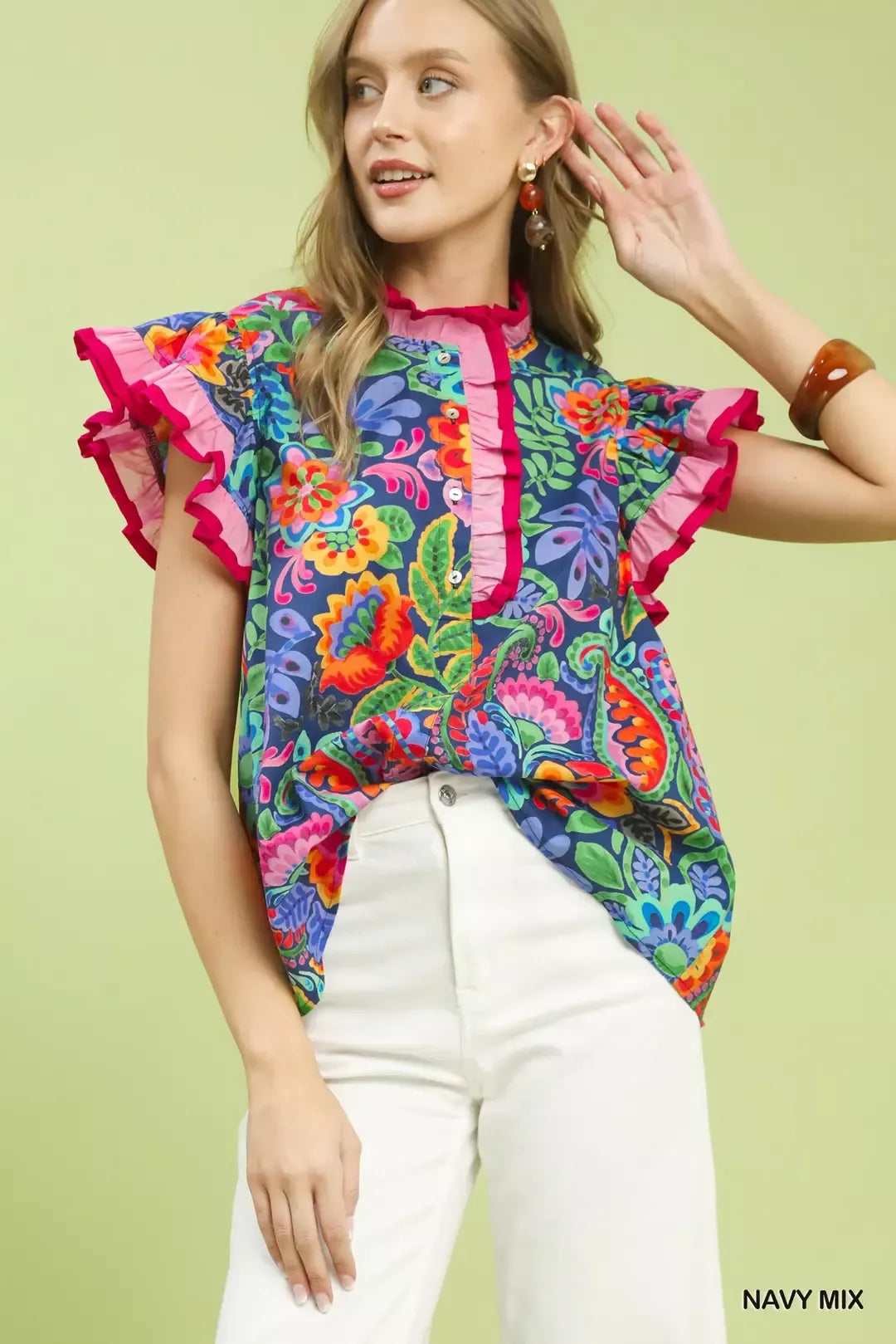 Umgee Ruffle Trim Paisley Floral Top