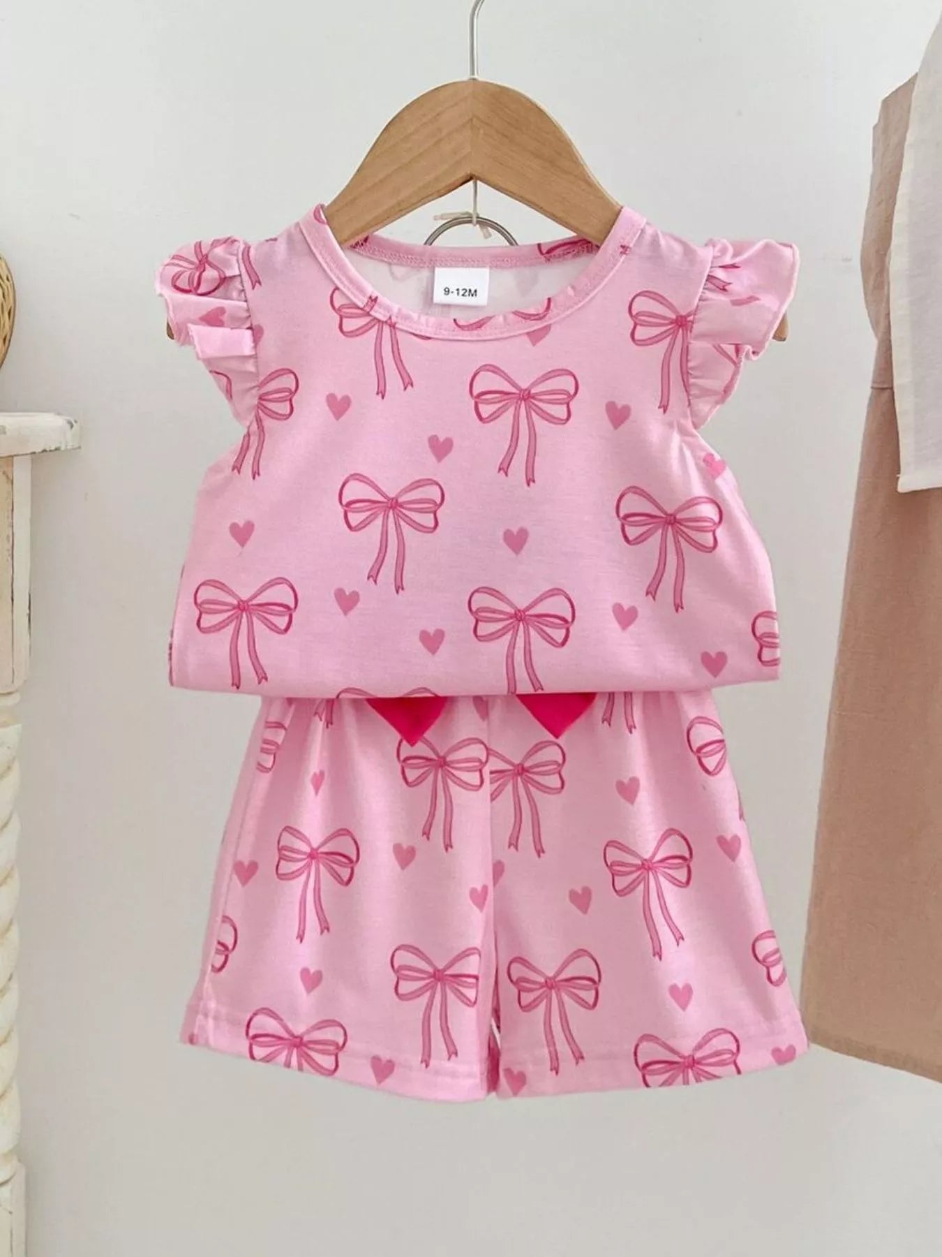 Children's Bowknot Ruffle Sleeve Top and Shorts Set