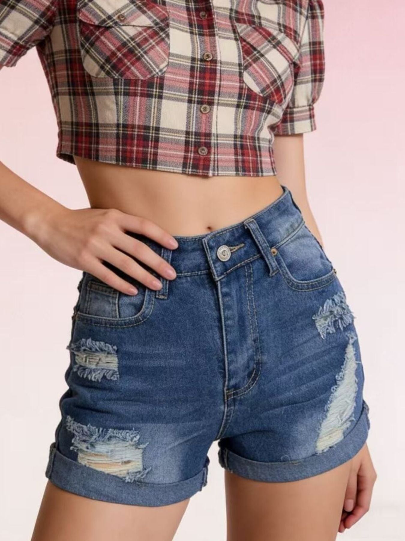 Distressed High-Waisted Denim Shorts