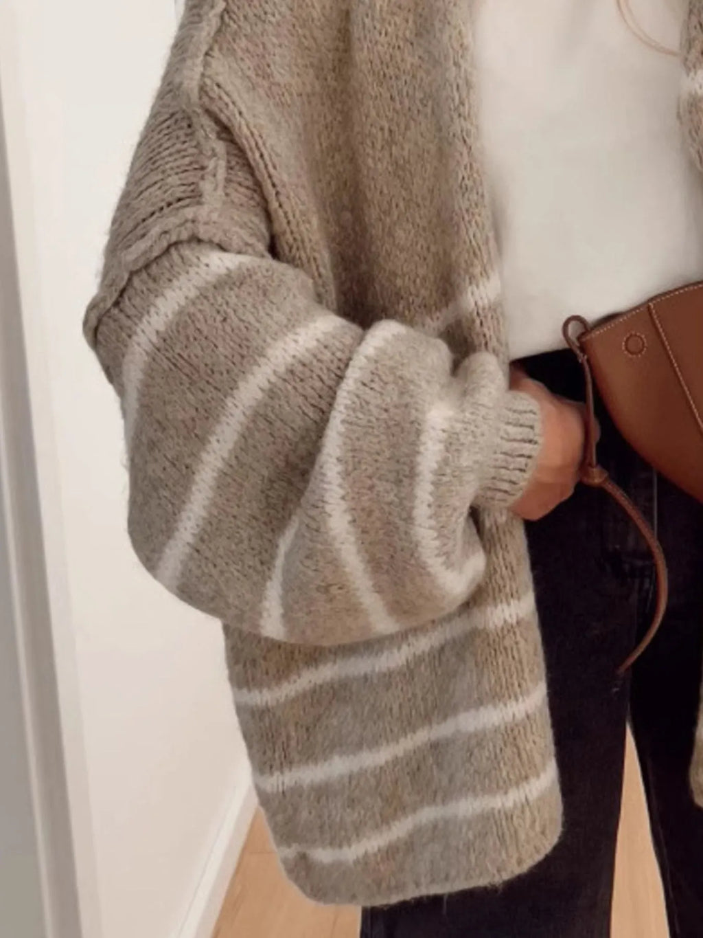Striped Open Front Dropped Shoulder Cardigan