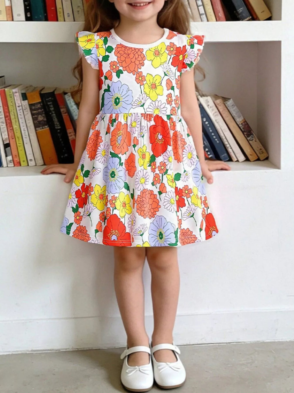 Children's Floral Print Ruffle Sleeve Casual Dress