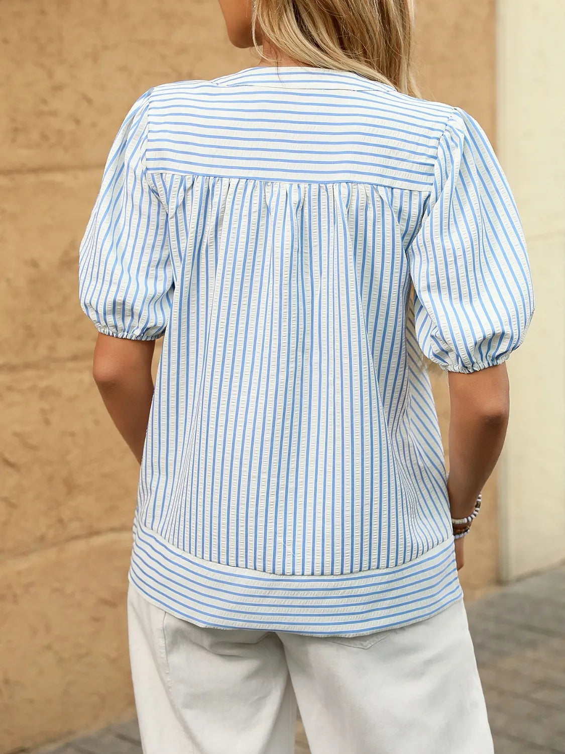 Striped Notched Puff Sleeve Blouse