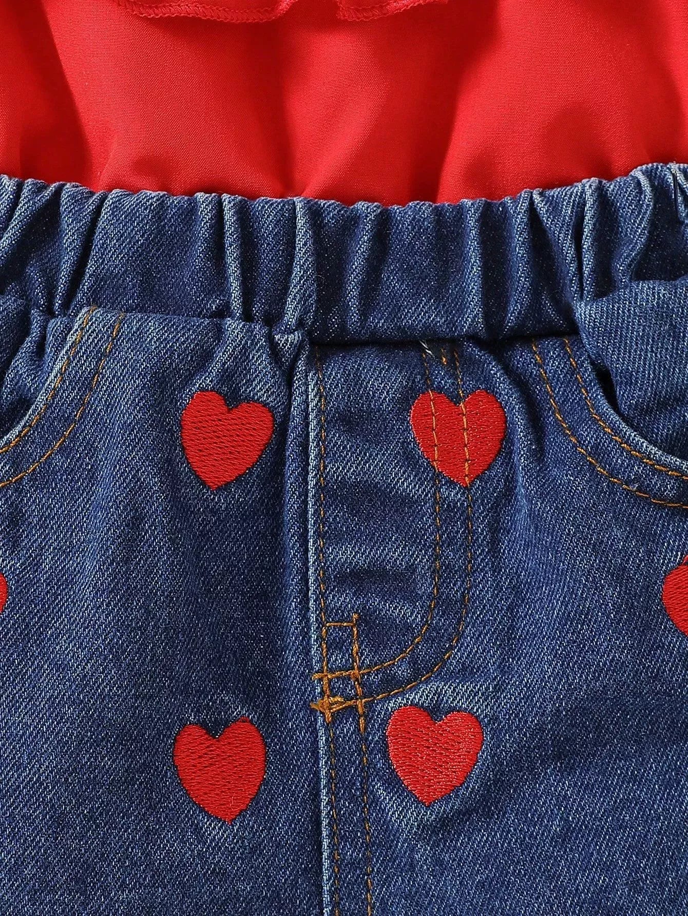 Children's Ruffled Top & Heart Embroidered Denim Shorts Set