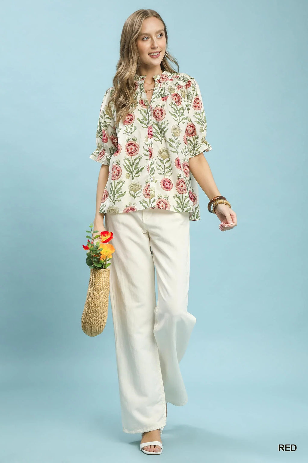 Umgee Floral Button-Front Short Sleeve Top