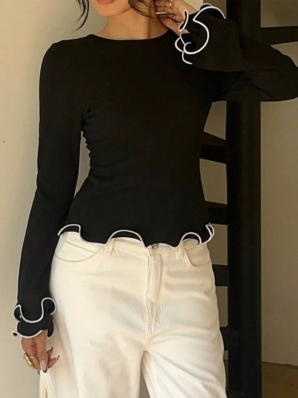 Lettuce Hem Tie Back Long Sleeve T-Shirt