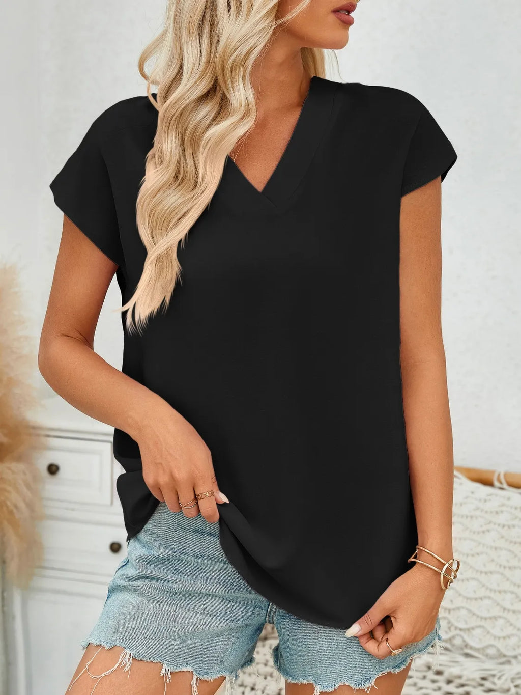 V-Neck Cap Sleeve Blouse