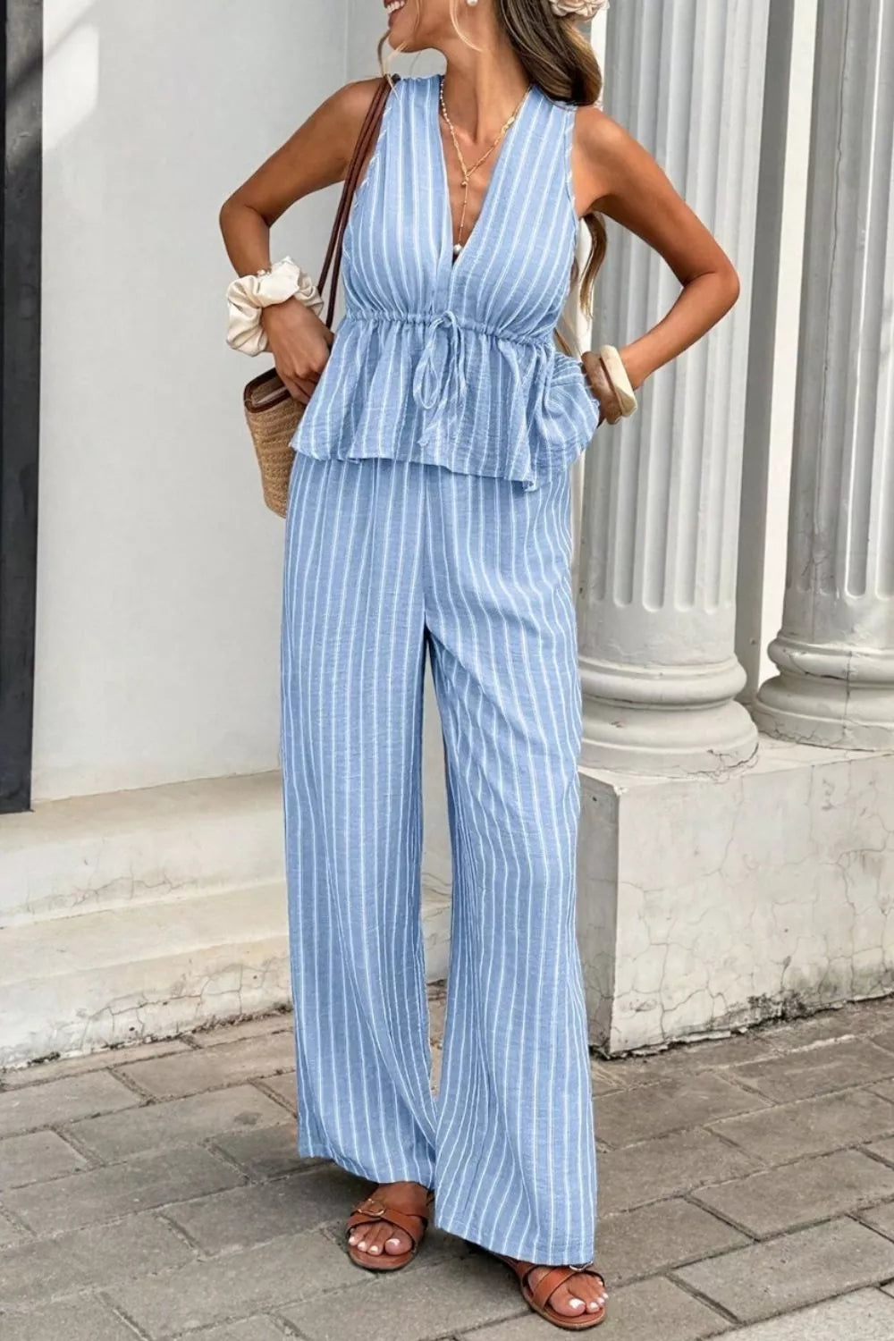 Striped Sleeveless Top and Wide Leg Pants Set