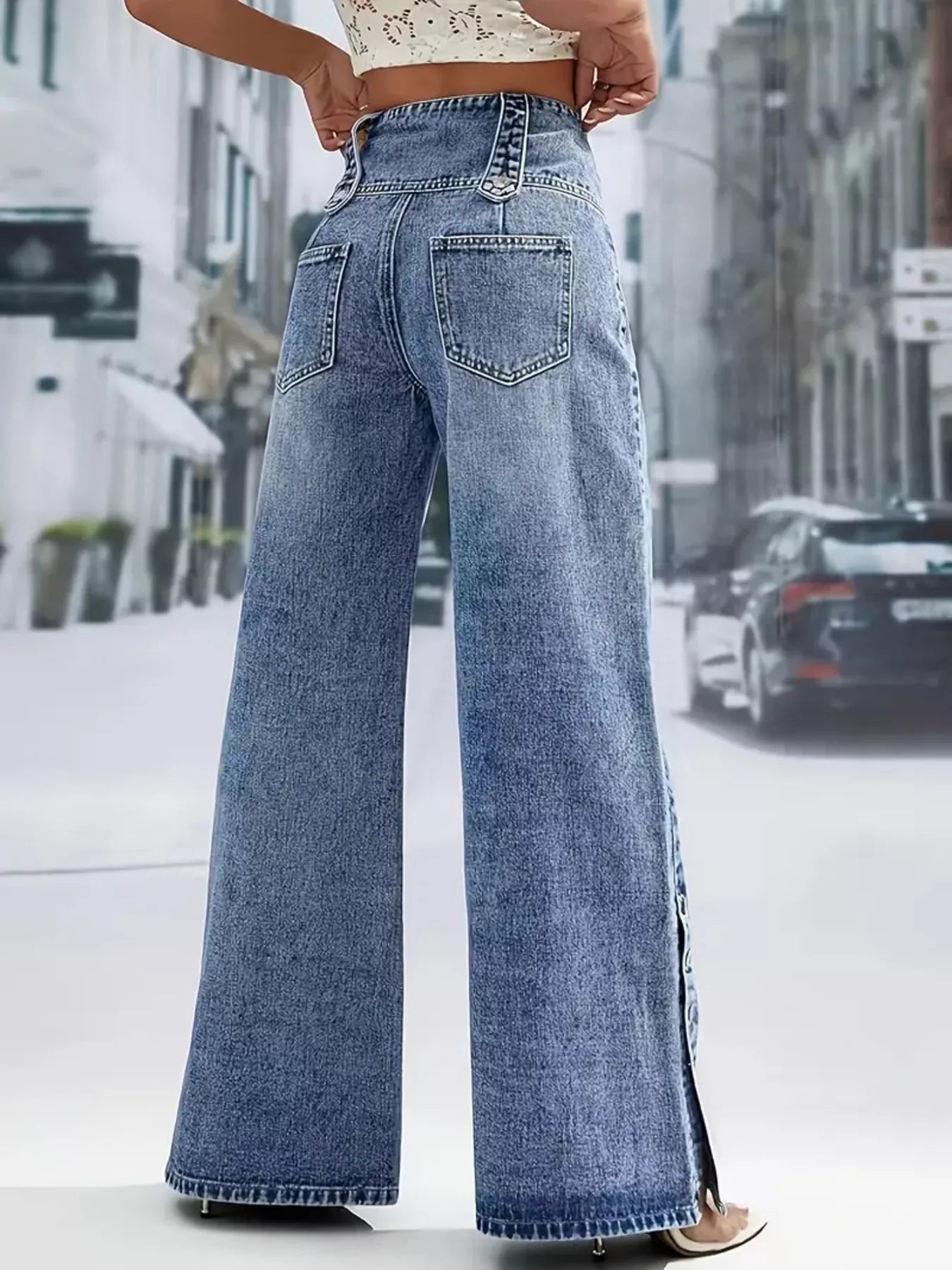 High Waist Button Decor Wide Leg Jeans