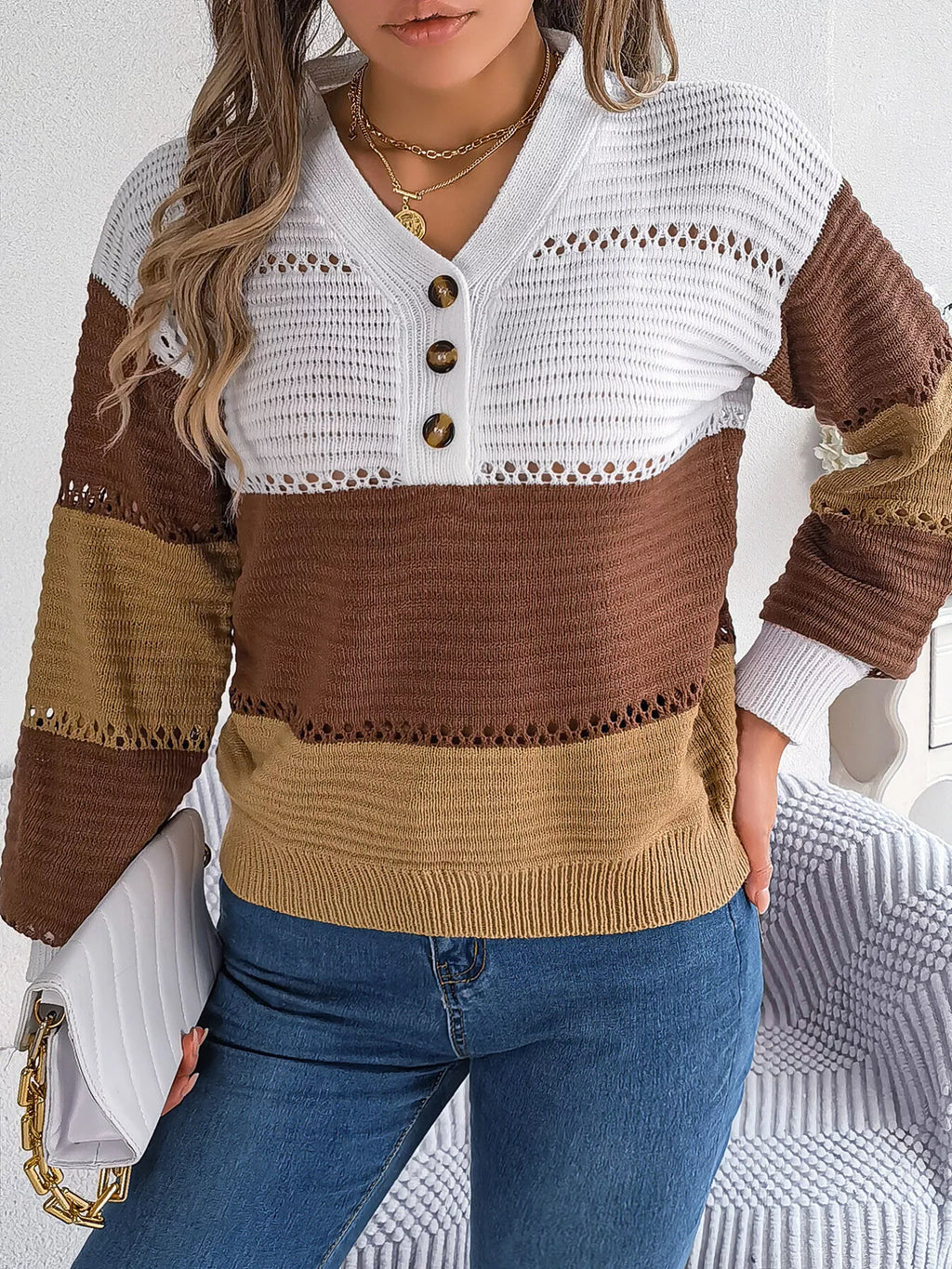 Color Block Striped V-Neck Button Detail Sweater