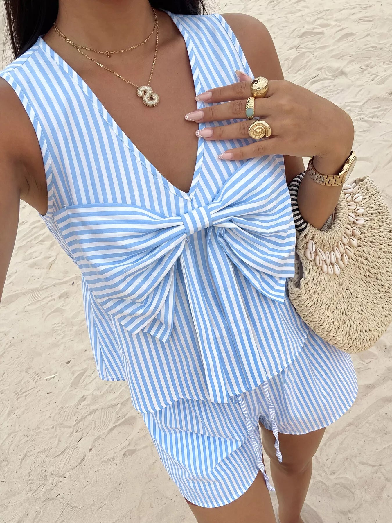 Striped Bowknot Sleeveless Top & Shorts Set