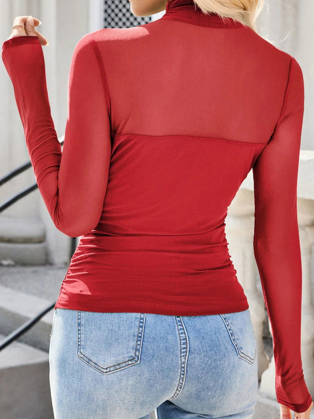Sheer Mesh Patchwork High Neck Long Sleeve Top