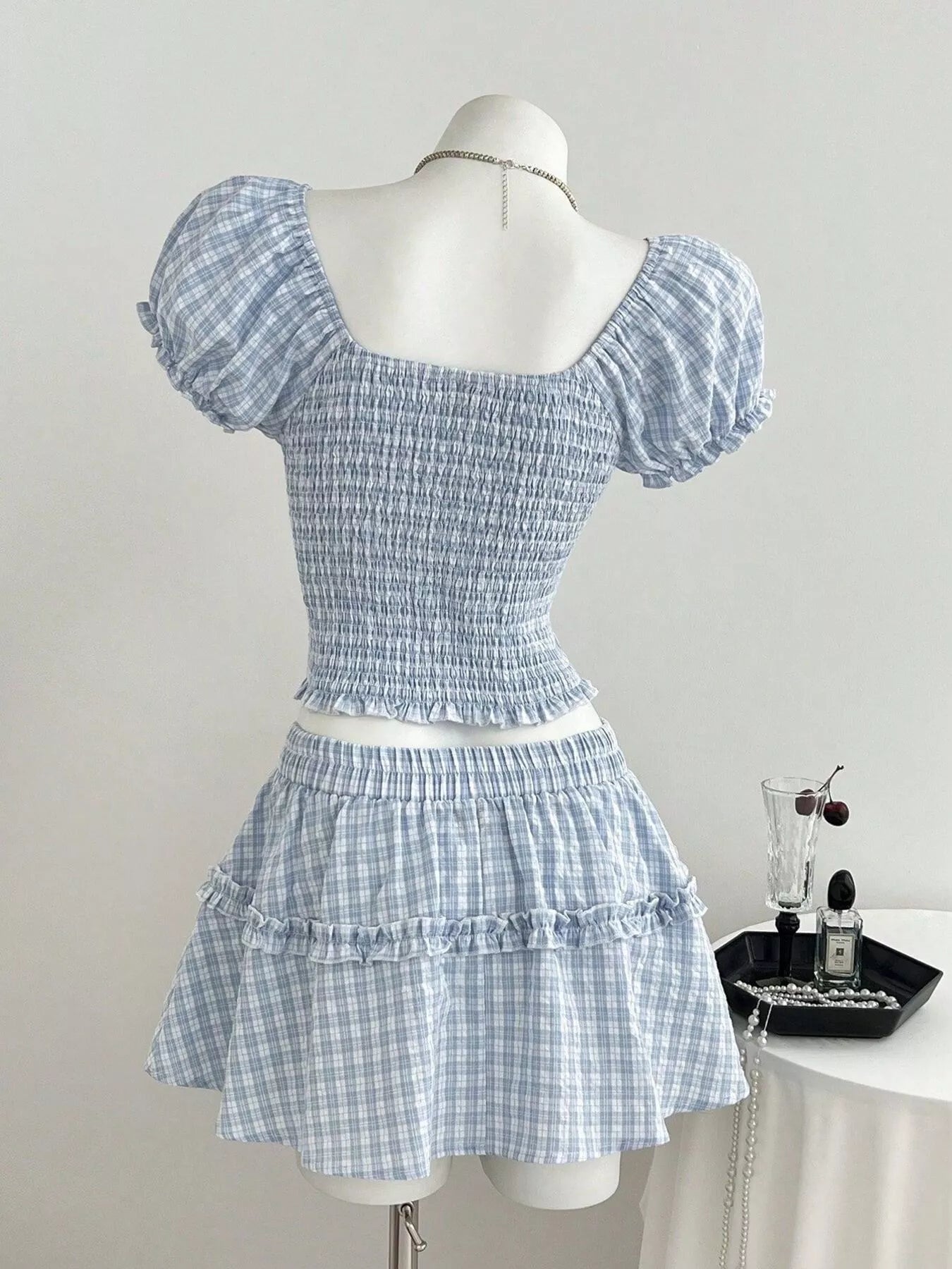 Plaid Puff Sleeve Blouse and Skirt Set