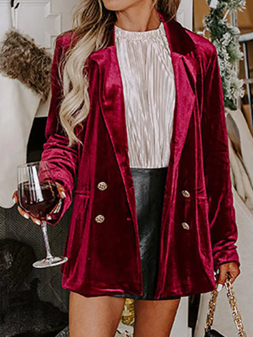 Velvet Lapel Collar Button Up Blazer