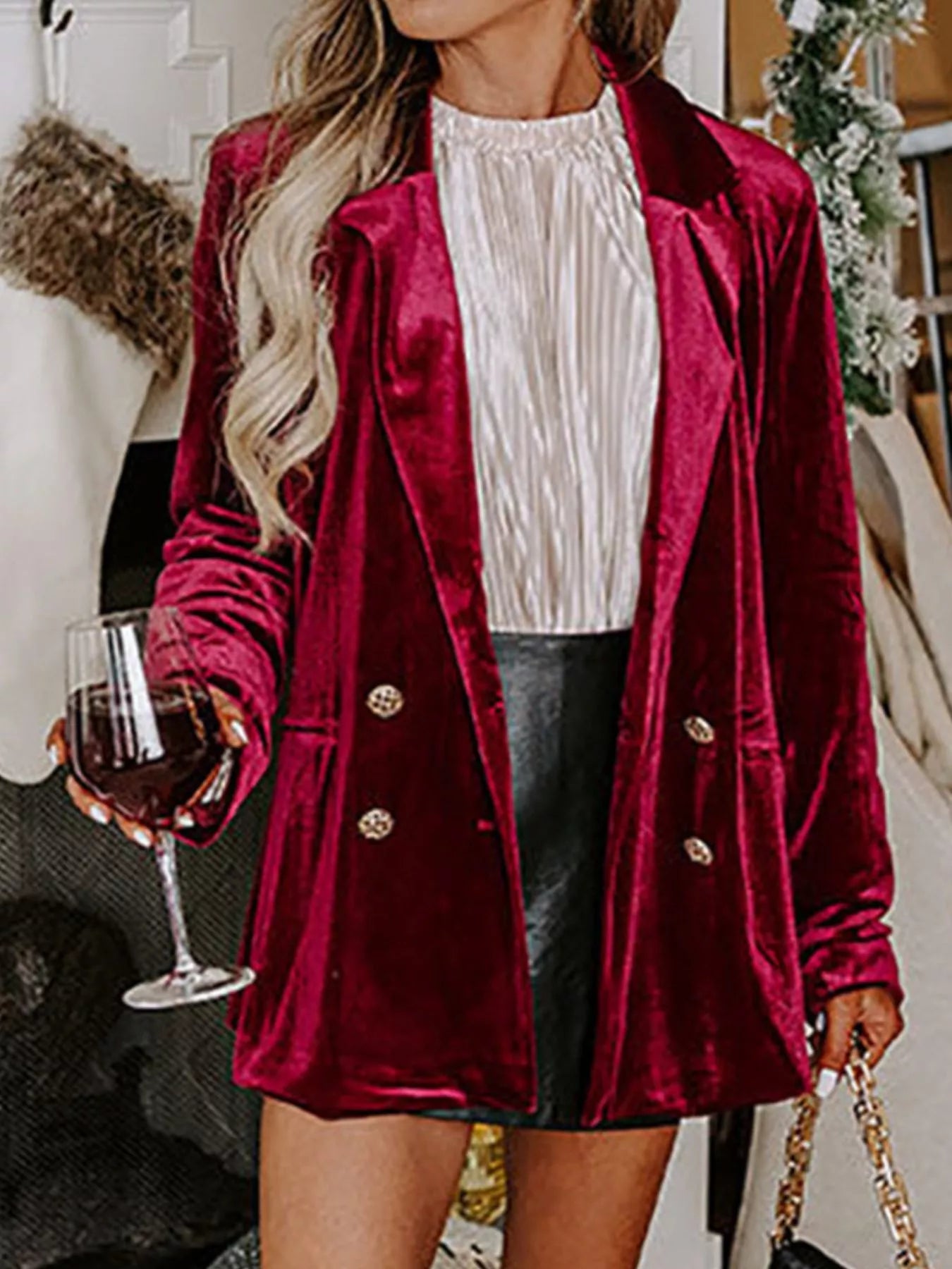 Velvet Lapel Collar Button Up Blazer