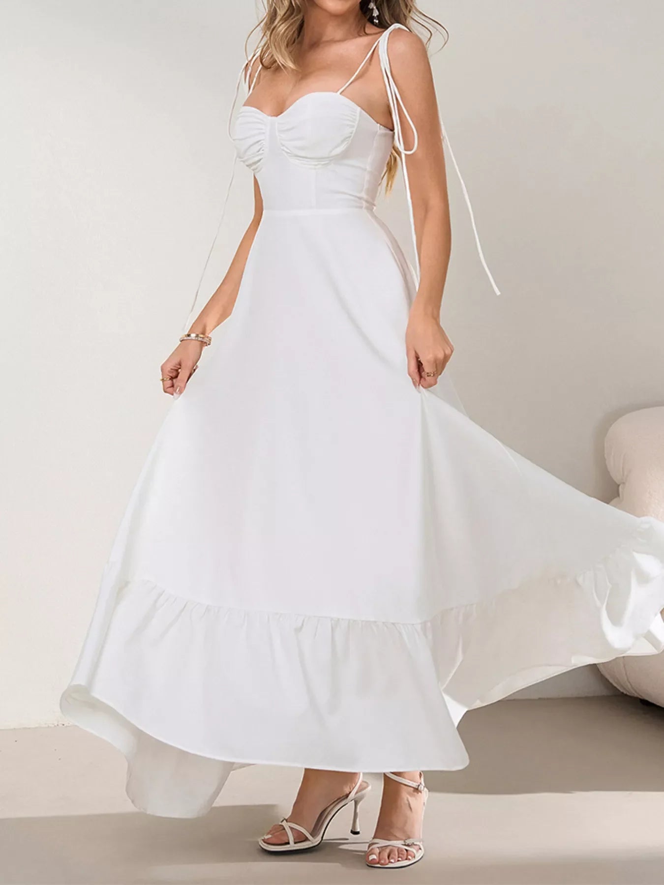 Sweetheart Neck Tie-Strap Ruffle Hem Maxi Dress