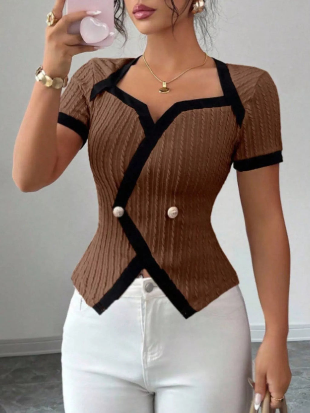 Contrast Trim Short Sleeve T-Shirt – Earth Tones