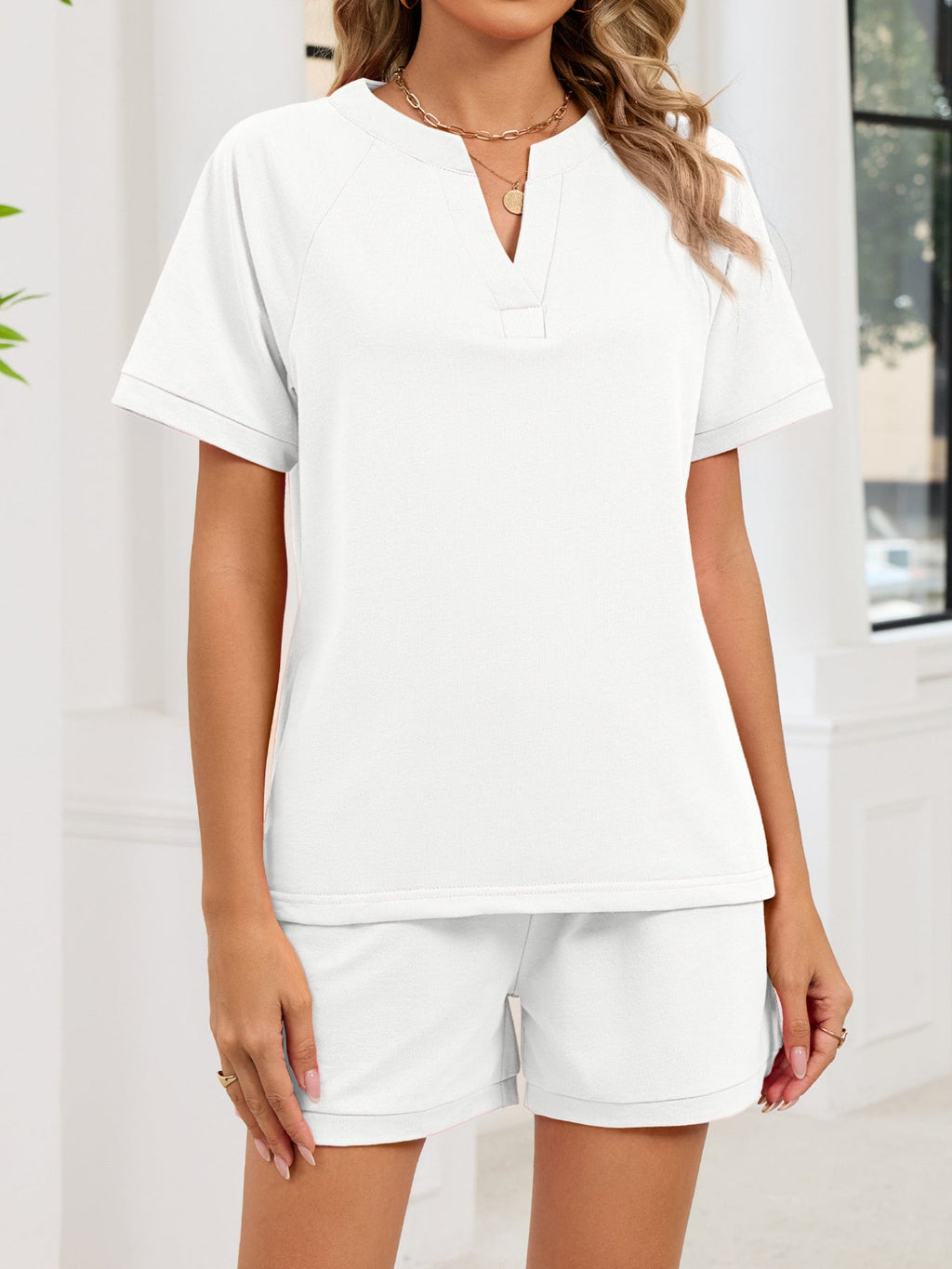 Notched Short Sleeve Top and Shorts Set