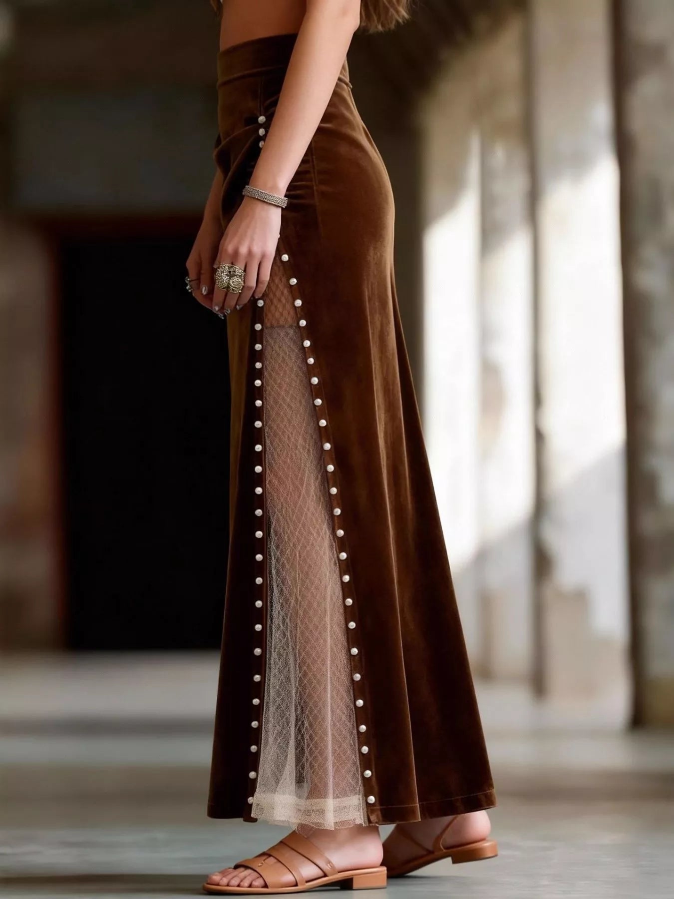 Pearl Trim Slit Maxi Skirt