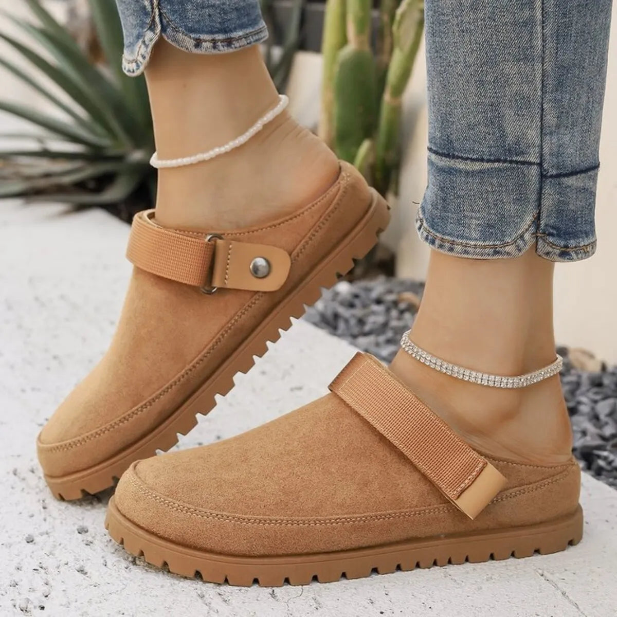 Suede Slip-On Mule Loafers with Adjustable Strap
