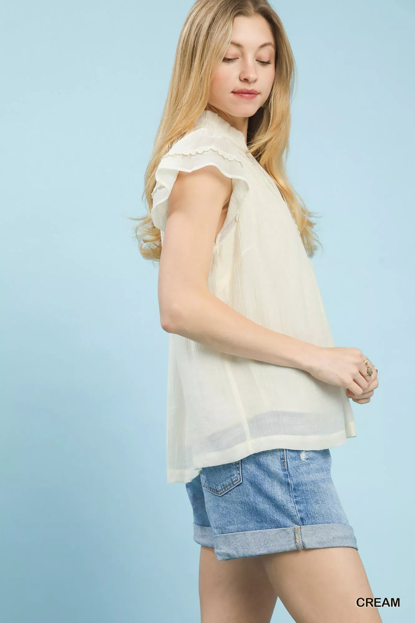Umgee Scalloped Trim Flutter Sleeve Top