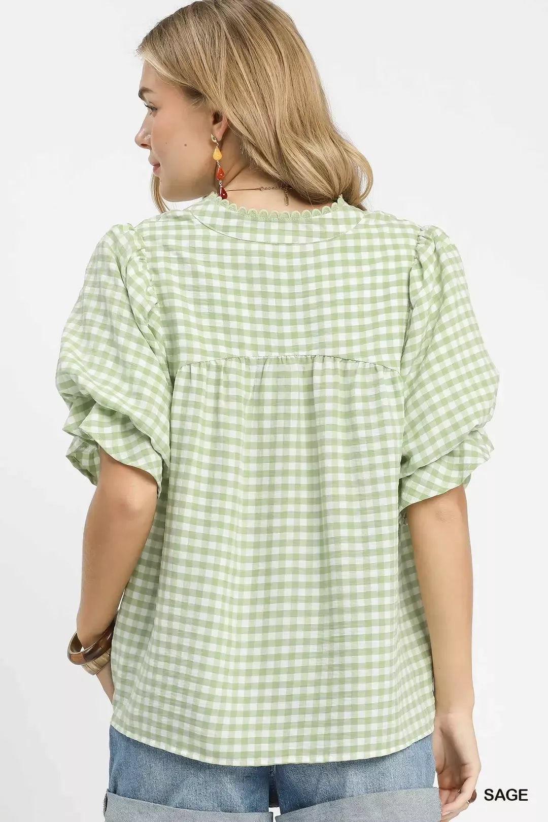 Umgee Gingham Puff Sleeve Babydoll Blouse