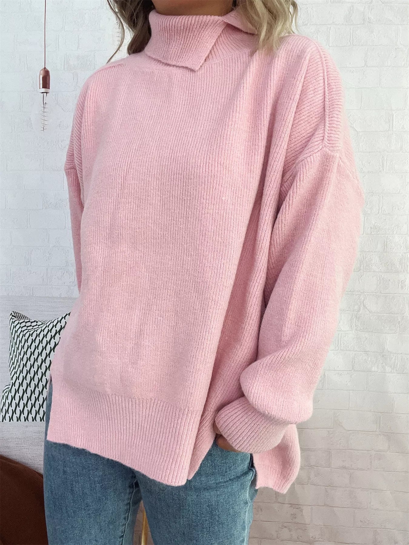 Slit Turtleneck Long Sleeve Sweater