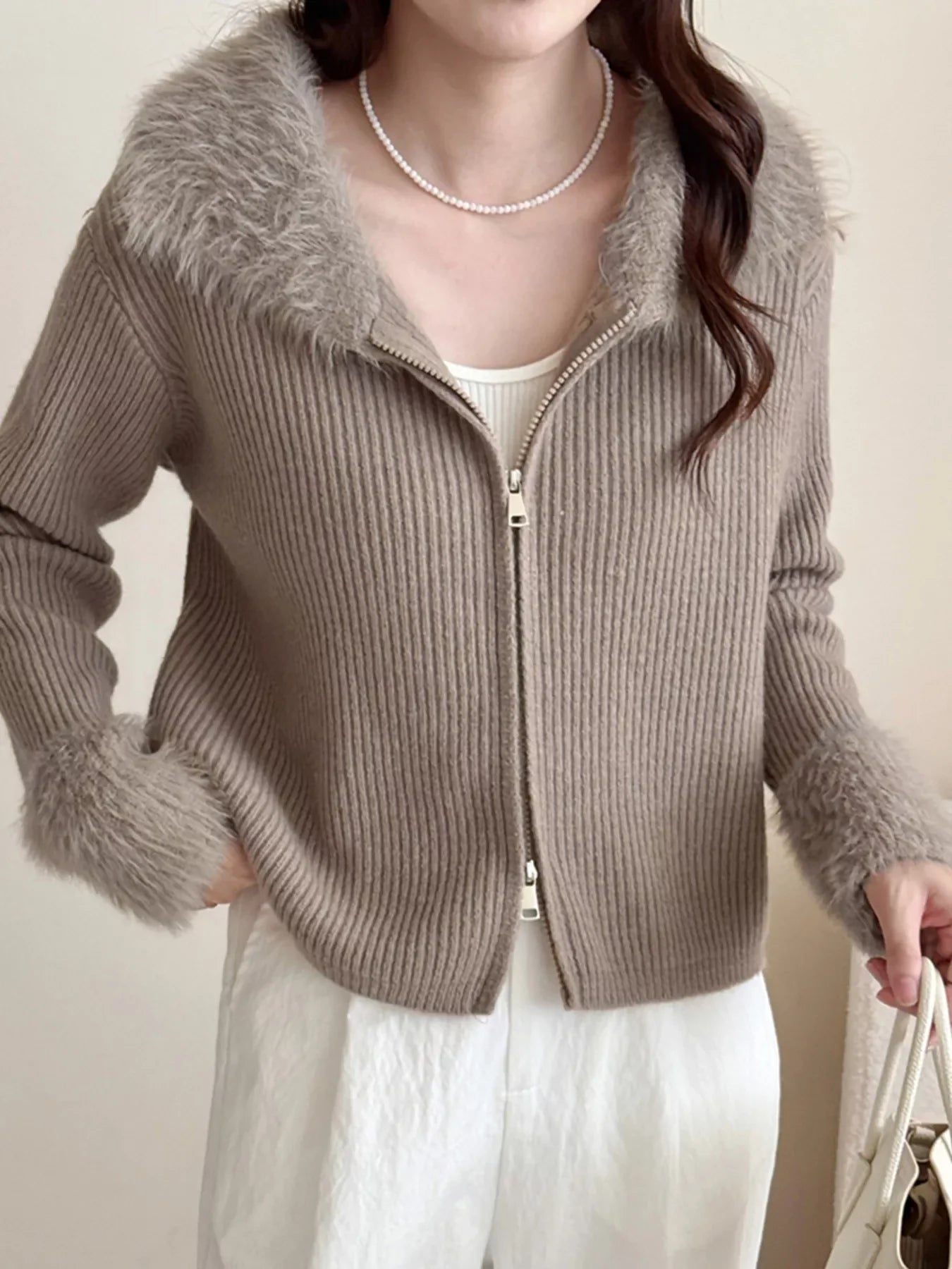 Fluffy Trim Zip-Up Cardigan