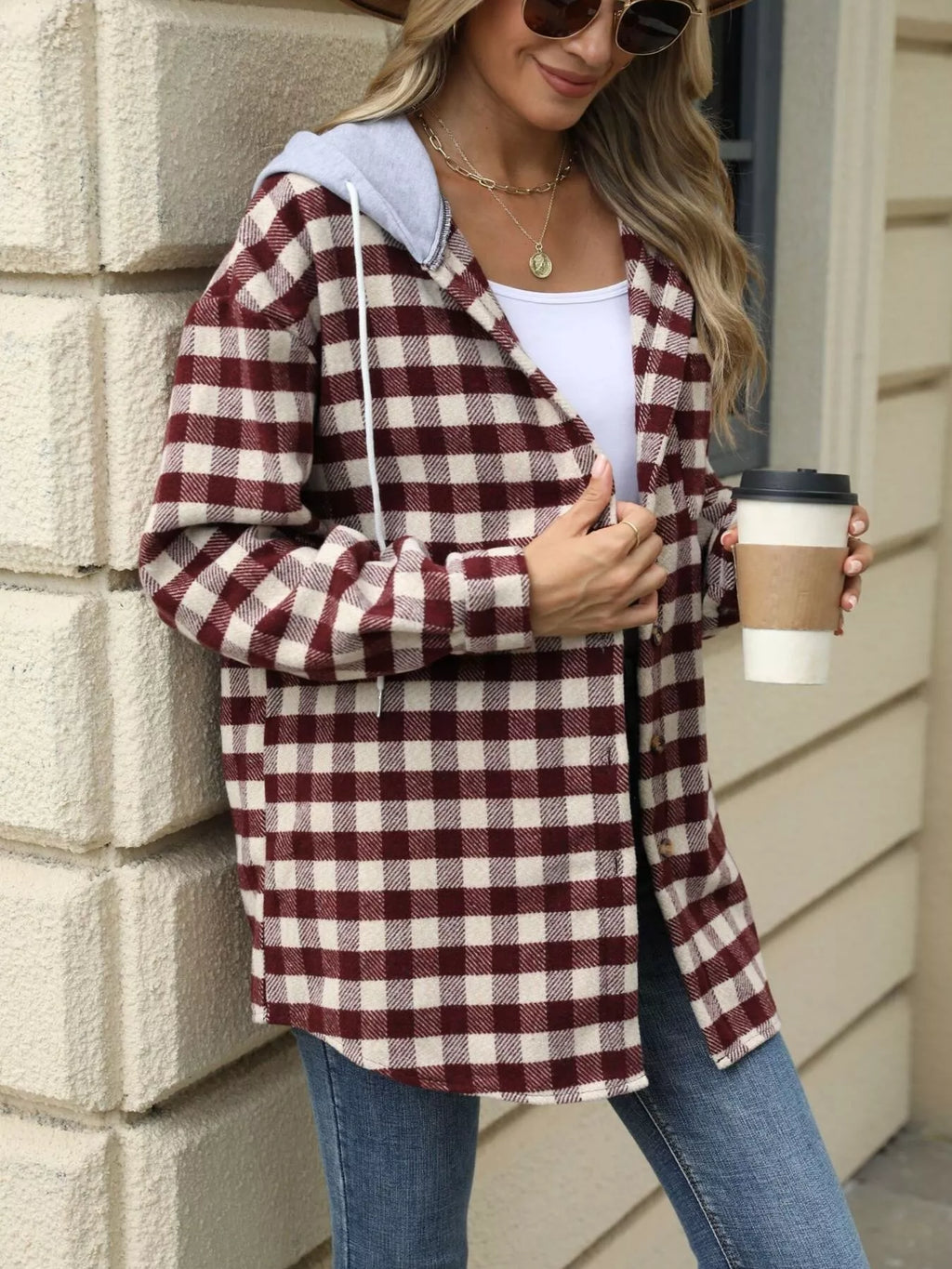 Plaid Button Up Long Sleeve Drawstring Hooded Jacket