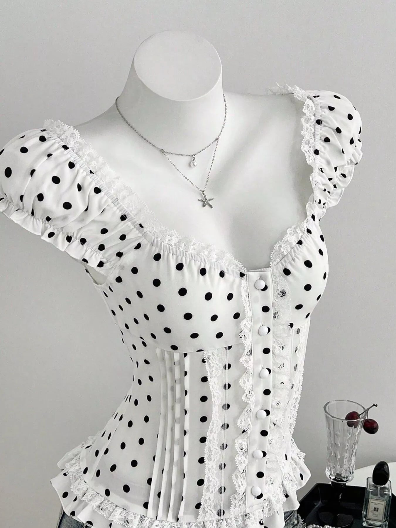 Polka Dot Lace Trim Cap Sleeve Blouse