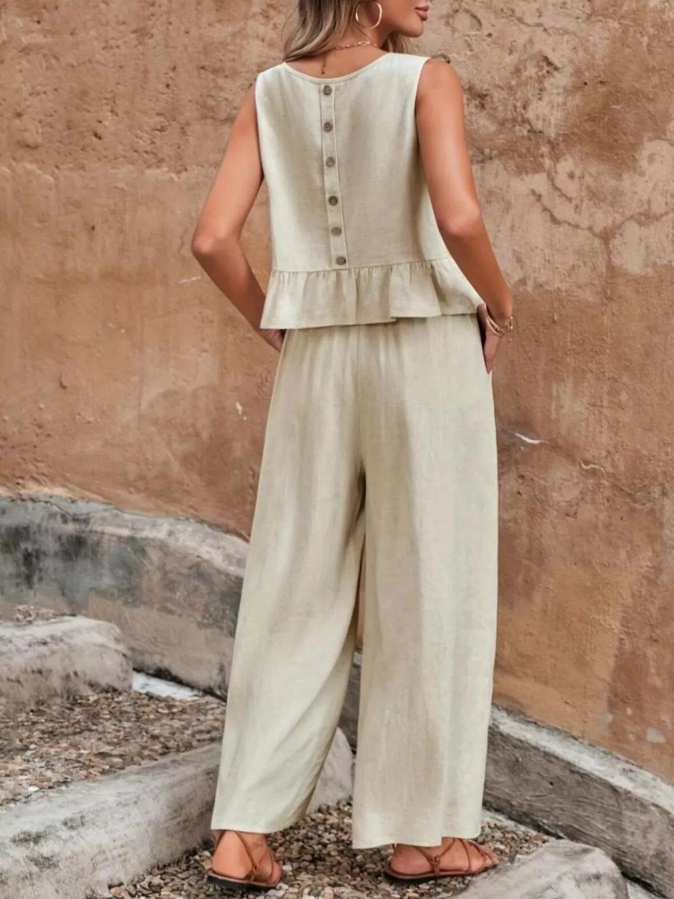 Sleeveless Ruffle Hem Top and Wide Leg Pants Two-Piece Set