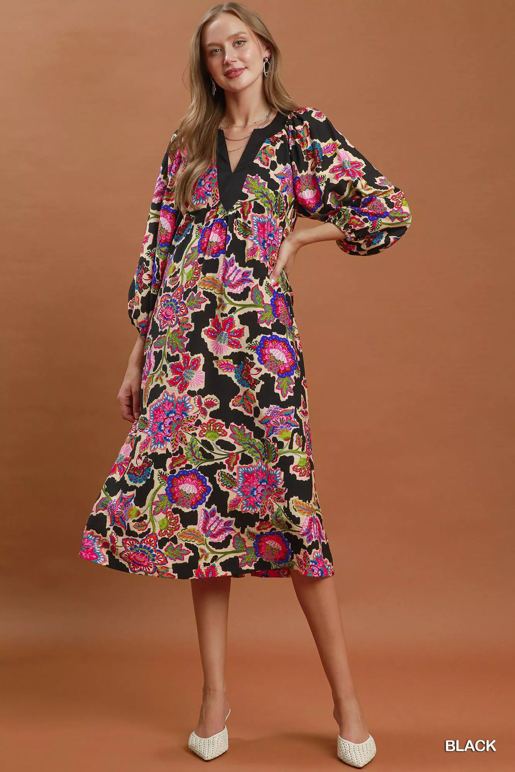Umgee Abstract Print Embroidered Belted Midi Dress