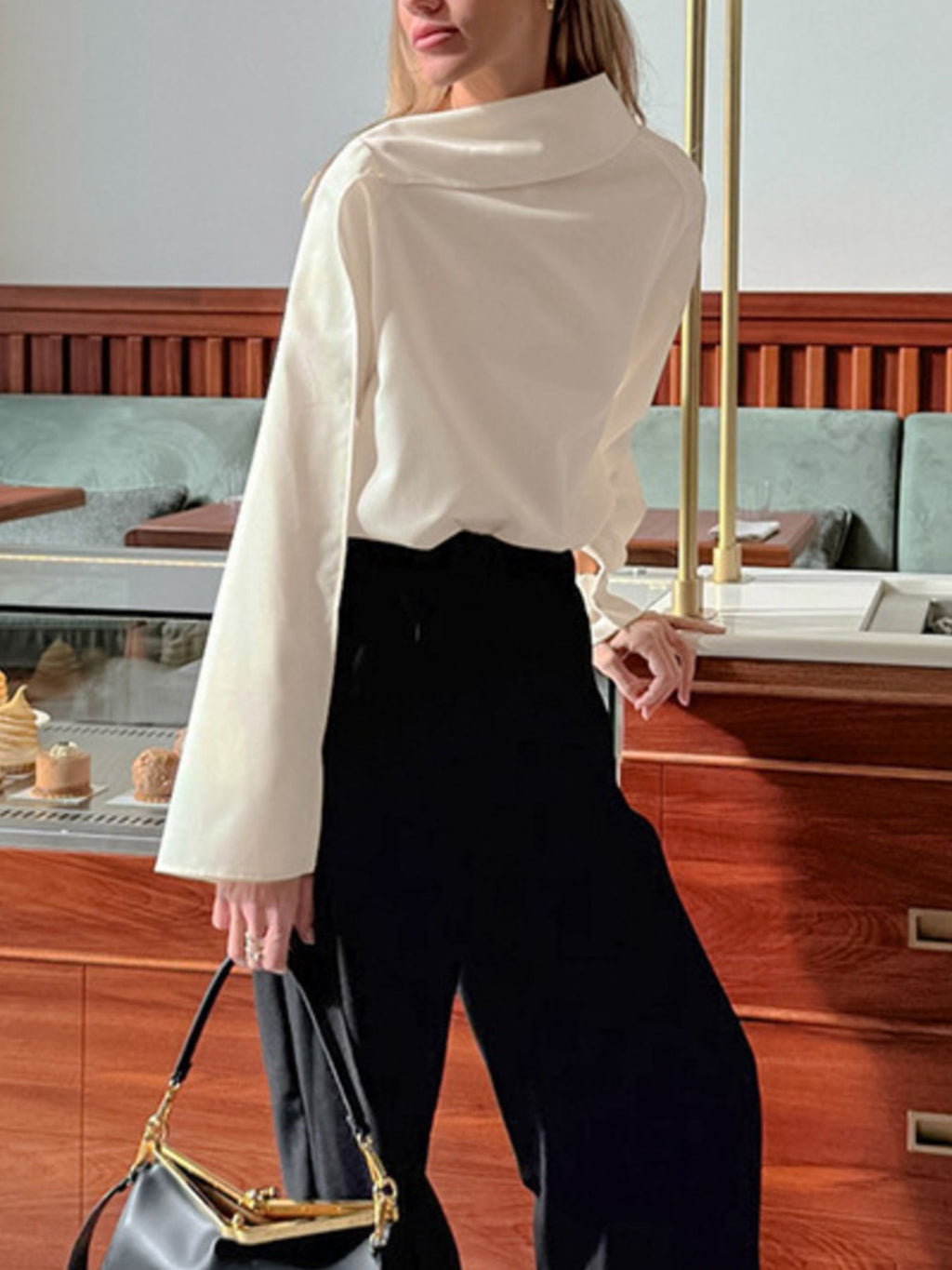 Asymmetrical High Collar Long Sleeve Blouse