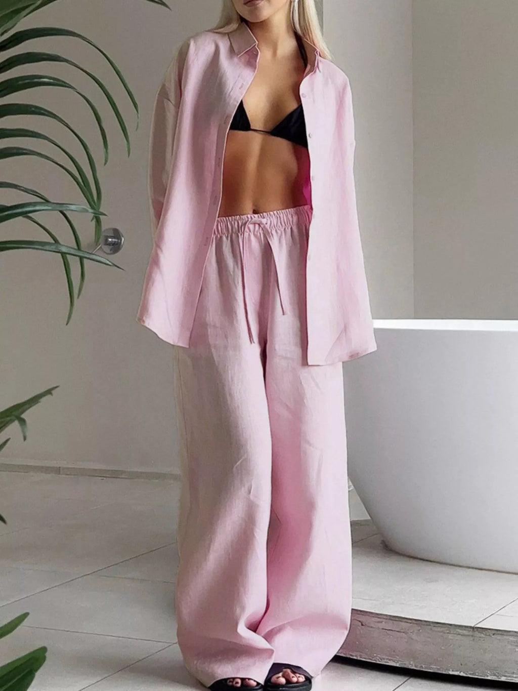 Relaxed Fit Button Up Shirt and Pants Two-Piece Set